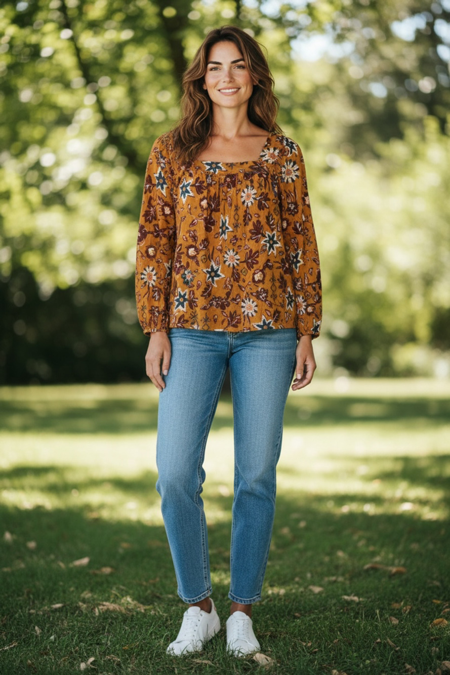 Sonoma Goods For Life Women's 1X Rusty Brown Floral Square Neck Blouse Top